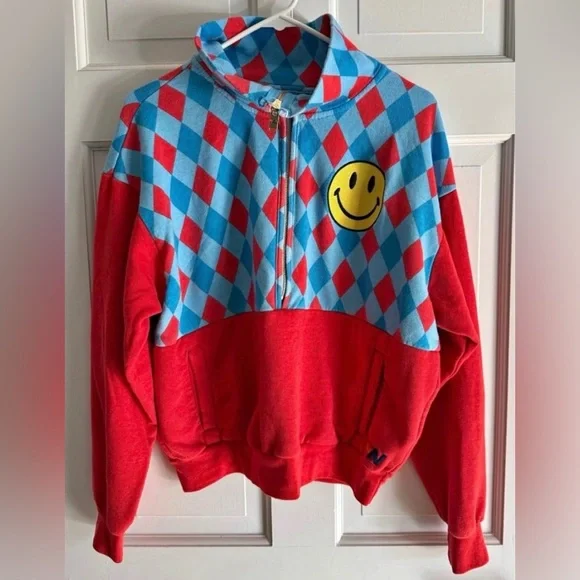 Aviator Nation Diamond Smiley 2 Fleece Half Zip Color Block Sweatshirt - Picture 2 of 2